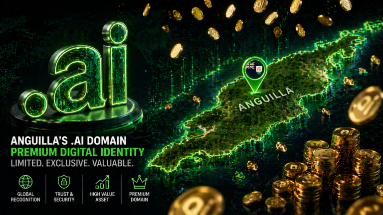 .ai domain Anguilla 2026 goldmine - Caribbean island with AI domain logo and coins