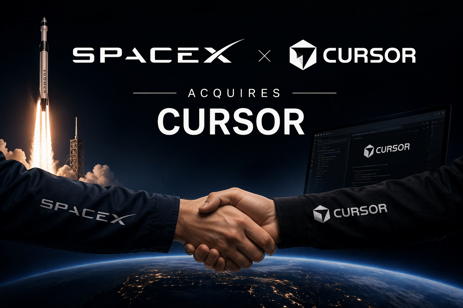 SpaceX acquiring Cursor illustration showing handshake, rocket launch, and coding interface in futuristic space background