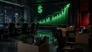 Big tech layoffs 2026 - companies posting record profits while cutting over 100,000 workers, corporate boardroom with rising stock charts and empty office chairs
