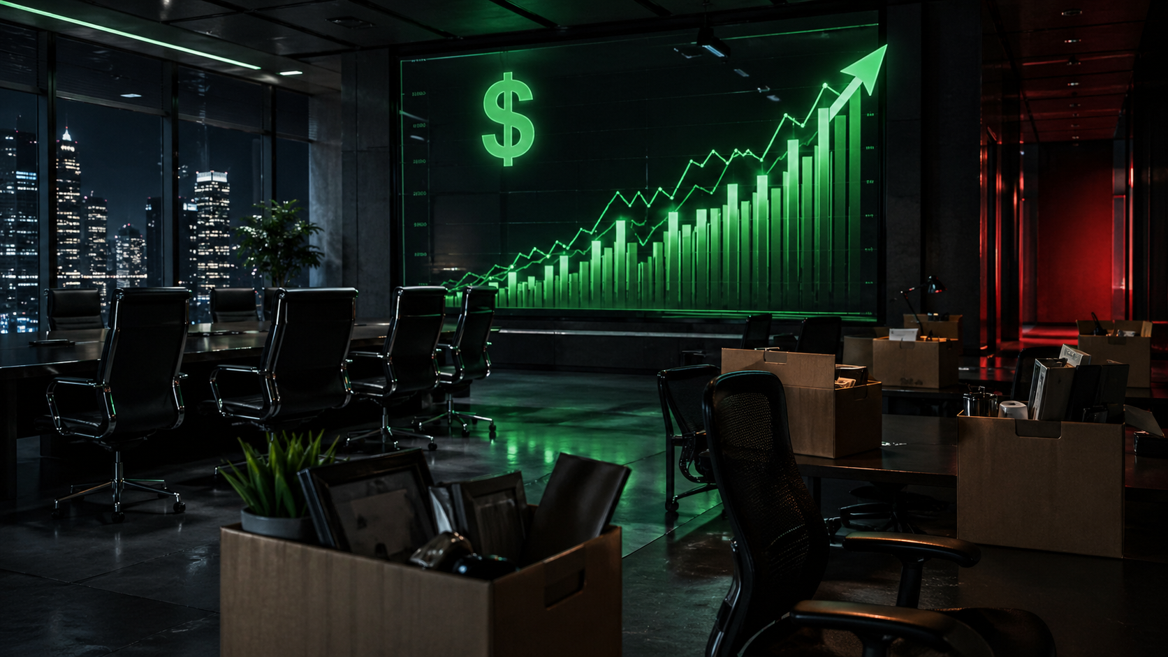 Big tech layoffs 2026 - companies posting record profits while cutting over 100,000 workers, corporate boardroom with rising stock charts and empty office chairs