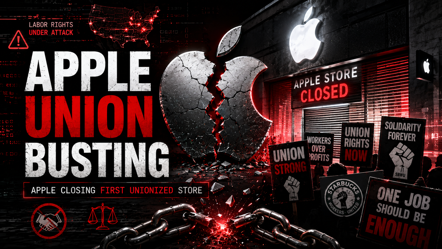 Apple closing first unionized store Towson Town Center blocking transfers union busting 2026