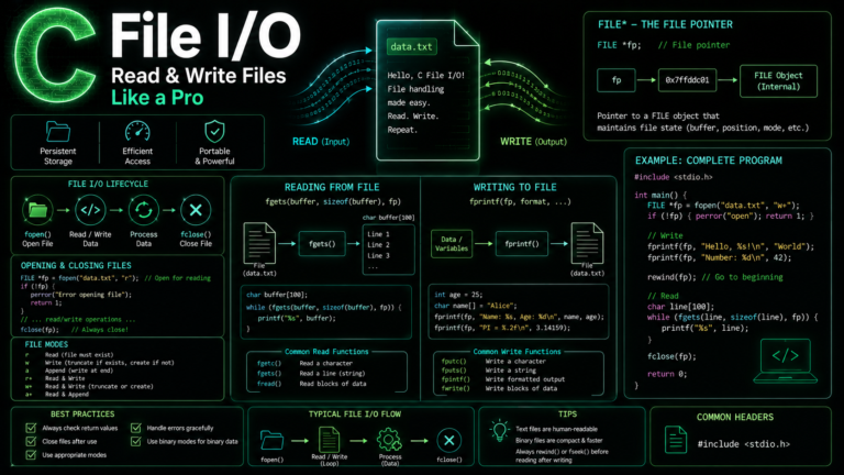 C file I/O basics with fopen fclose fprintf fgets examples