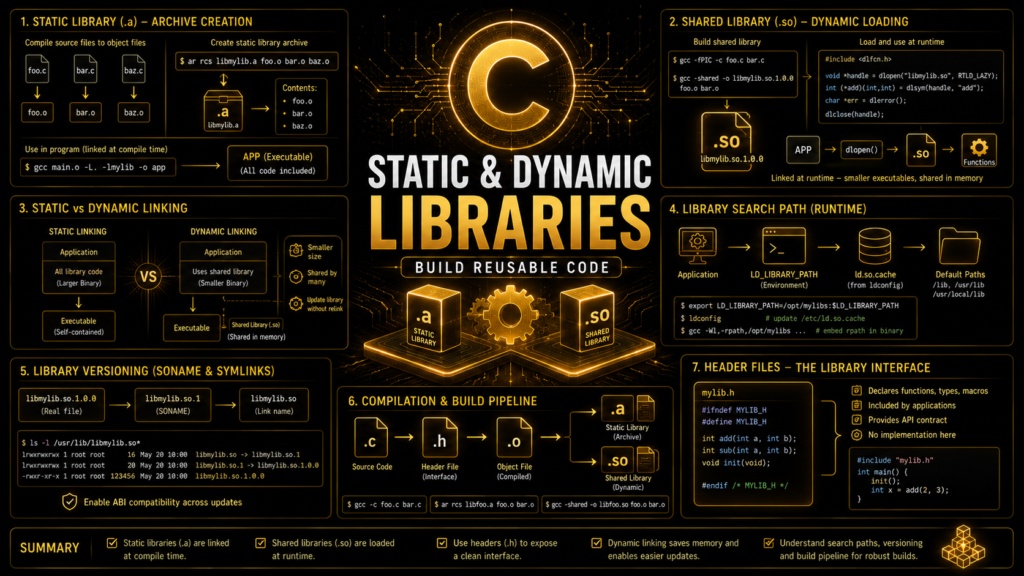 C static dynamic libraries linking dlopen shared objects guide