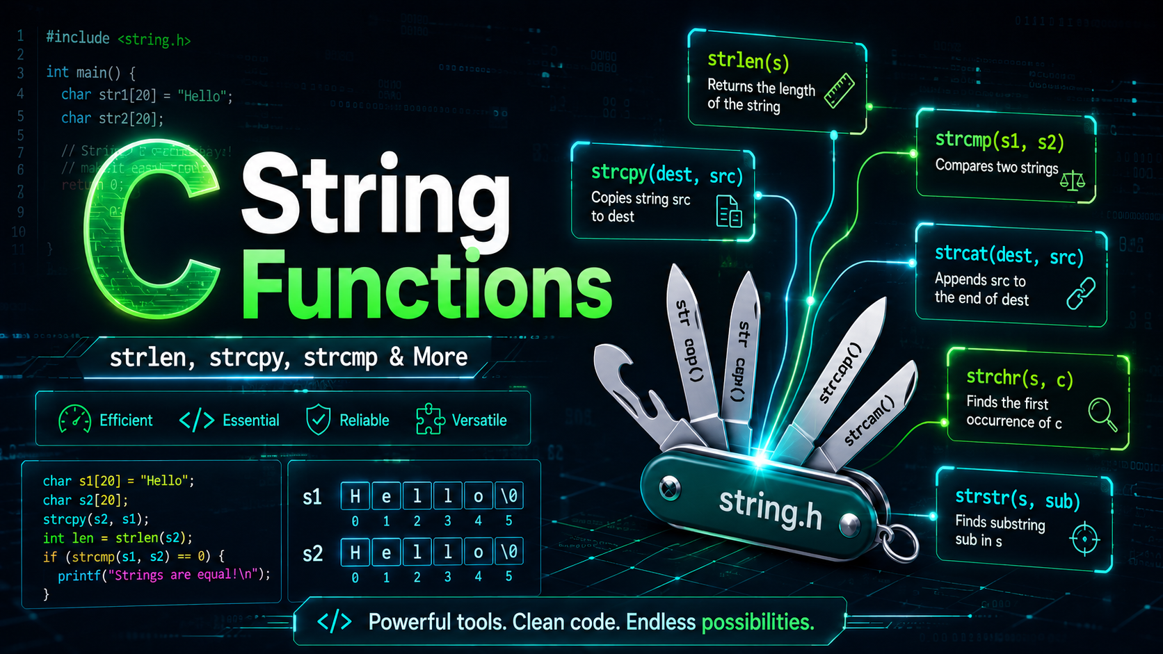 C string functions strlen strcpy strcmp strcat complete guide