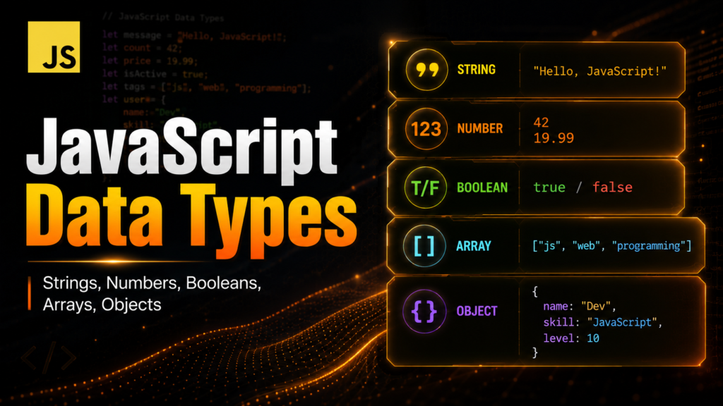 JavaScript data types strings numbers booleans arrays objects tutorial