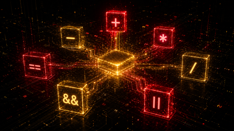 C++ operators and expressions - floating holographic operator symbols in circuit pattern