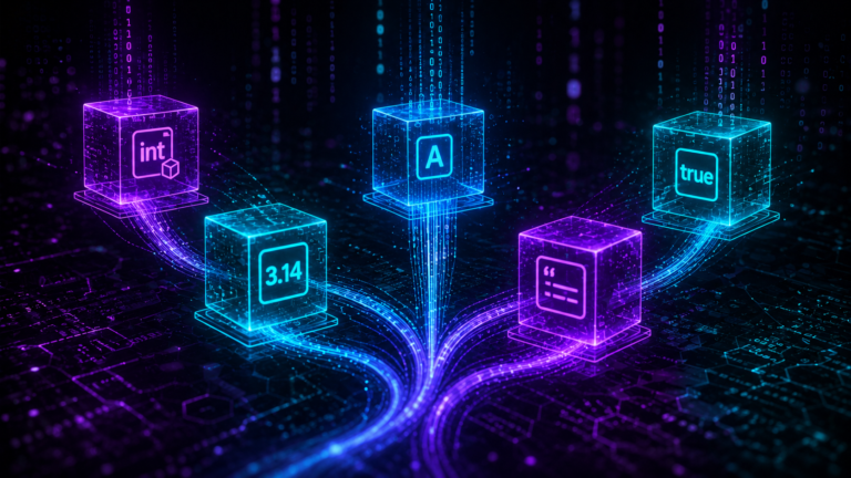 C++ variables and data types - holographic int double char string bool data boxes